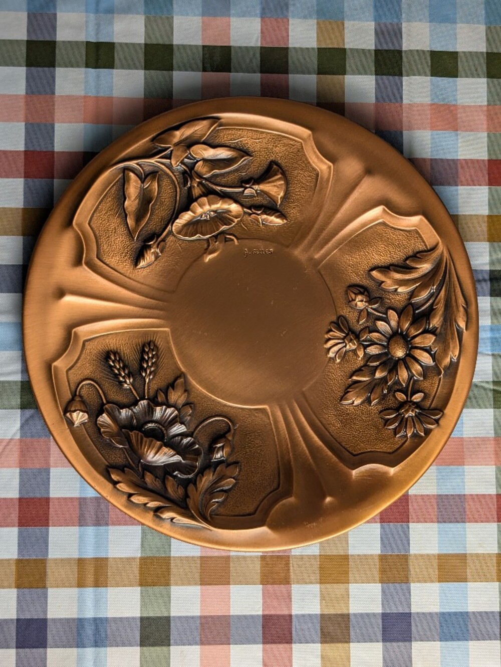 Albert Giles 1940s Embossed Copper Decorative Wall Plate - Floral Motif